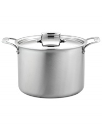 A professional promise. A must-have for making masterpiece meals, this covered stockpot features high sides that slow the evaporation of liquids when creating stocks, a wide bottom for sauteing ingredients for stews and soups and a versatile design for canning, blanching and prepping large meals for guests. Five alternating layers of aluminum and stainless steel promote even heating and eliminate hot spots. Lifetime warranty. A professional promise. A must-have for making masterpiece meals, this covered stockpot features high sides that slow the evaporation of liquids when creating stocks, a wide bottom for sauteing ingredients for stews and soups and a versatile design for canning, blanching and prepping large meals for guests. Five alternating layers of aluminum and stainless steel promote even heating and eliminate hot spots. Lifetime warranty.