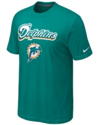 From the pre-game to after-party, show off your Miami Dolphins pride in this NFL football t-shirt from Nike. From the pre-game to after-party, show off your Miami Dolphins pride in this NFL football t-shirt from Nike.