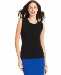 Alfani puts a new spin on a basic with this sleeveless ribbed top, complete with a zipper detail at the shoulder and metallic-flecked knit. Alfani puts a new spin on a basic with this sleeveless ribbed top, complete with a zipper detail at the shoulder and metallic-flecked knit.