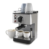 This stainless steel espresso machine looks like the professional it is. Using either ground beans or pods, you can quickly brew espresso right in your kitchen, then use the stainless steel steam nozzle and frothing cup to turn it into cappuccino or latté. You can even heat the cups on the warming plate on top – just like the pros! Removable water reservoir. Model EM100. Manufacturer's limited 3-year warranty. This stainless steel espresso machine looks like the professional it is. Using either ground beans or pods, you can quickly brew espresso right in your kitchen, then use the stainless steel steam nozzle and frothing cup to turn it into cappuccino or latté. You can even heat the cups on the warming plate on top – just like the pros! Removable water reservoir. Model EM100. Manufacturer's limited 3-year warranty.
