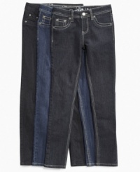 A skinny silhouette available in a variety of washes, these rhinestone pocket jeans from Revolution match her modern style. A skinny silhouette available in a variety of washes, these rhinestone pocket jeans from Revolution match her modern style.