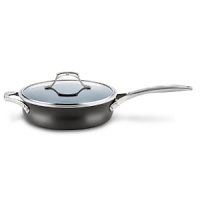 This Calphalon sauté pan with lid boasts the revolutionary Unison Slide Nonstick surface which releases foods effortlessly, making even the most demanding culinary creations simple to prepare. A heavy-gauge bottom provides even heating and prevents sauces from scorching, while the high sides and narrow opening control evaporation. Handles stay comfortably cool on the stovetop. This Calphalon sauté pan with lid boasts the revolutionary Unison Slide Nonstick surface which releases foods effortlessly, making even the most demanding culinary creations simple to prepare. A heavy-gauge bottom provides even heating and prevents sauces from scorching, while the high sides and narrow opening control evaporation. Handles stay comfortably cool on the stovetop.