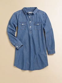A go-with-anything wardrobe essential, the denim chambray shirt dress is classic and cool with signature embroidery in a snap-front design.Shirt collarLong sleeves with roll-tab snap cuffsSnap-frontFront snap-flap pocketsBack yokeShirttail hemCottonMachine washImported Please note: Number of snaps may vary depending on size ordered. A go-with-anything wardrobe essential, the denim chambray shirt dress is classic and cool with signature embroidery in a snap-front design.Shirt collarLong sleeves with roll-tab snap cuffsSnap-frontFront snap-flap pocketsBack yokeShirttail hemCottonMachine washImported Please note: Number of snaps may vary depending on size ordered.