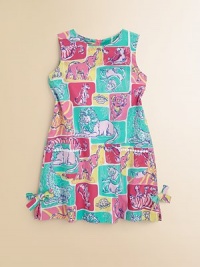 A spectacularly colorful frock gets a little wild with a friendly animal print, lace-trimmed patch pockets and bows.Round necklineSleevelessBack zipperPatch pocketsHem vents with bowsCottonMachine washImported A spectacularly colorful frock gets a little wild with a friendly animal print, lace-trimmed patch pockets and bows.Round necklineSleevelessBack zipperPatch pocketsHem vents with bowsCottonMachine washImported