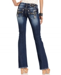 Cross embroidery and rhinestones add glam to these Miss Me bootcut jeans -- perfect for a hot day-to-night look! Cross embroidery and rhinestones add glam to these Miss Me bootcut jeans -- perfect for a hot day-to-night look!