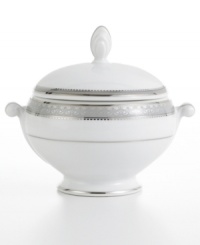 Well-suited for formal occasions, Mikasa's regal Platinum Crown dinnerware and dishes collection trims elegant white fine china with embossed platinum bands. Well-suited for formal occasions, Mikasa's regal Platinum Crown dinnerware and dishes collection trims elegant white fine china with embossed platinum bands.