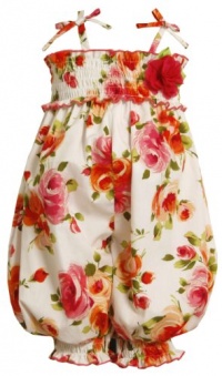 Size-4T, Orange, BNJ-8702R, Brush-Stroke Rose Floral Print Smocked Romper,Bonnie Jean Little Girls Party Dress Outfit