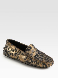 The iconic leather staple moves in an exotic direction with a metallic leopard print. Laser-printed leopard print on metallic leather upperLeather liningRubber solePadded insoleMade in Italy The iconic leather staple moves in an exotic direction with a metallic leopard print. Laser-printed leopard print on metallic leather upperLeather liningRubber solePadded insoleMade in Italy