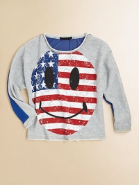 A soft, tweedy French terry knit is brightened by a supersized patriotic smiley face and solid back.Tattered crewneckLong sleeves with tattered cuffsPullover styleTattered hem80% cotton/20% polyesterHand washImported