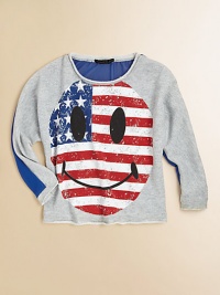 A soft, tweedy French terry knit is brightened by a supersized patriotic smiley face and solid back.Tattered crewneckLong sleeves with tattered cuffsPullover styleTattered hem80% cotton/20% polyesterHand washImported A soft, tweedy French terry knit is brightened by a supersized patriotic smiley face and solid back.Tattered crewneckLong sleeves with tattered cuffsPullover styleTattered hem80% cotton/20% polyesterHand washImported