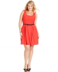 Look uber-hot from all angles with Ruby Rox's A-line plus size dress, featuring a belted waist and cutout back. Look uber-hot from all angles with Ruby Rox's A-line plus size dress, featuring a belted waist and cutout back.