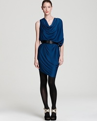Designed to flatter and flaunt your curves all at once, an asymmetrical Halston Heritage dress flaunts fluid draping cinched with a chic belt for a flawless silhouette. Designed to flatter and flaunt your curves all at once, an asymmetrical Halston Heritage dress flaunts fluid draping cinched with a chic belt for a flawless silhouette.