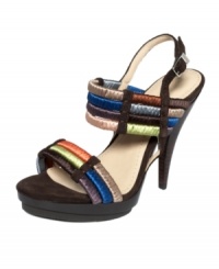 Such an interesting texture match-up. Padded fabric woven together with straps of suede make Calvin Klein's Gwyn platform sandals a colorful choice this season.