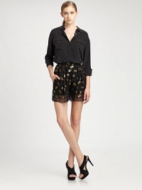 A prime example of the opulence trend, metallic jacquard overlay decorates these classically styled shorts. Side zipperAbout 12 from shoulder to hem92% silk/8% metallic fibersDry cleanImportedModel shown is 5'10 (177cm) wearing US size 4. A prime example of the opulence trend, metallic jacquard overlay decorates these classically styled shorts. Side zipperAbout 12 from shoulder to hem92% silk/8% metallic fibersDry cleanImportedModel shown is 5'10 (177cm) wearing US size 4.