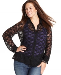 A sheer winner: Eyeshadow's long sleeve plus size top, crafted from on-trend lace! A sheer winner: Eyeshadow's long sleeve plus size top, crafted from on-trend lace!