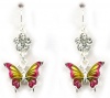 Adorable Small Dangle Pink and Yellow Enamel Butterfly Charm Earrings with Crystal Flower Accent - Silver Tone