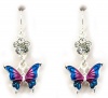 Adorable Small Dangle Pink and Blue Enamel Butterfly Charm Earrings with Crystal Flower Accent - Silver Tone