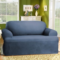 Sure Fit 139727269B_L-BSTN Duck Solid T-Cushion Loveseat Slipcover, Bluestone