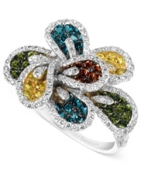 Make a colorful splash. Le Vian's Mixberry™ flower ring brings together round-cut diamonds in white (3/4 ct. t.w.), red (1/6 ct. t.w.), blue (1/3 ct. t.w.), yellow (1/4 ct. t.w.) and green (1/3 ct. t.w.) for a vibrant effect. Ring set in 14k white gold. Approximate diameter: 3/4 inch. Size 7.