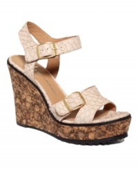 Talk about adventurous texture! The Kalani wedges by Lisa for Donald J Pliner present an exotic combination of embossed scales and multi-tonal cork for summer style that is sure to catch the eye. Talk about adventurous texture! The Kalani wedges by Lisa for Donald J Pliner present an exotic combination of embossed scales and multi-tonal cork for summer style that is sure to catch the eye.