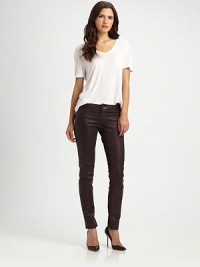 Glossy coating gives these mid-rise skinnies a hip leather-like look. THE FITMedium rise, about 8Inseam, about 29THE DETAILSButton closureZip flyFour-pocket style64% cotton/32% polyester/4% LycraDry cleanMade in USA of imported fabricModel shown is 5'9 (175cm) wearing US size 4. Glossy coating gives these mid-rise skinnies a hip leather-like look. THE FITMedium rise, about 8Inseam, about 29THE DETAILSButton closureZip flyFour-pocket style64% cotton/32% polyester/4% LycraDry cleanMade in USA of imported fabricModel shown is 5'9 (175cm) wearing US size 4.