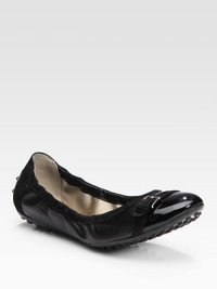Soft, stretchy leather with touches of glossy patent leather and suede trim-- concluded by a dainty suede buckle adornment. Leather, patent leather and suede upper Rubber sole Padded insole Made in ItalyOUR FIT MODEL RECOMMENDS ordering one half size up as this style runs small. Soft, stretchy leather with touches of glossy patent leather and suede trim-- concluded by a dainty suede buckle adornment. Leather, patent leather and suede upper Rubber sole Padded insole Made in ItalyOUR FIT MODEL RECOMMENDS ordering one half size up as this style runs small.