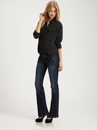 Classic bootcut fit in a dark medium wash designed with a shorter inseam just right for petite frames.THE FITEasy fit through hip and thighs Slight flare from knee to hem Rise, about 8 Inseam, about 30THE DETAILSWide waistband with two-button closure Zip fly Five-pocket style Button-flap back pockets Cotton/elastene; machine wash Made in USA Classic bootcut fit in a dark medium wash designed with a shorter inseam just right for petite frames.THE FITEasy fit through hip and thighs Slight flare from knee to hem Rise, about 8 Inseam, about 30THE DETAILSWide waistband with two-button closure Zip fly Five-pocket style Button-flap back pockets Cotton/elastene; machine wash Made in USA