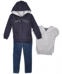 Nautica Sportswear Kids Girls 2-6X Short Sleeve Knit Top And Denim Jean Fleece Dot Hoodie Set Nautica Sportswear Kids Girls 2-6X Short Sleeve Knit Top And Denim Jean Fleece Dot Hoodie Set