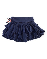 This whimsical cascade ruffle skirt in comfortable cotton jersey is adorned with drawstring detailing for a fun and flirty style. This whimsical cascade ruffle skirt in comfortable cotton jersey is adorned with drawstring detailing for a fun and flirty style.
