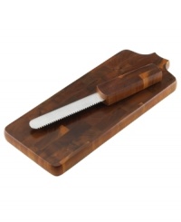 Panels of dark wood form a smooth surface for slicing and serving fresh, crusty breads. The serrated bread knife's wooden handle matches its board for a sharp, handsome look. From Dansk's collection of serveware. Panels of dark wood form a smooth surface for slicing and serving fresh, crusty breads. The serrated bread knife's wooden handle matches its board for a sharp, handsome look. From Dansk's collection of serveware.
