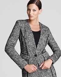Slim tailoring and standout piping shake up the classic DKNY jacket for an effortlessly cool look. Style with a coordinating pencil skirt for 9-to-5 polish, or roughen up the polished silhouette with distressed denim. Slim tailoring and standout piping shake up the classic DKNY jacket for an effortlessly cool look. Style with a coordinating pencil skirt for 9-to-5 polish, or roughen up the polished silhouette with distressed denim.
