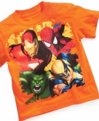 Some of his favorite Marvel characters show up on this tee to give him a powerful style. Some of his favorite Marvel characters show up on this tee to give him a powerful style.