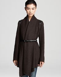 Elegant draping lends sophisticated style to this Mackage coat with modern leather accents. Elegant draping lends sophisticated style to this Mackage coat with modern leather accents.