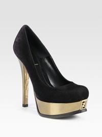Towering suede design on a logoed metallic leather patent leather platform. Metallic patent leather-covered heel, 5¼ (130mm)Metallic patent leather platform, 1¼ (30mm)Compares to a 4 heel (100mm)Suede upperLeather lining and solePadded insoleMade in ItalyOUR FIT MODEL RECOMMENDS ordering one size up as this style runs small. Towering suede design on a logoed metallic leather patent leather platform. Metallic patent leather-covered heel, 5¼ (130mm)Metallic patent leather platform, 1¼ (30mm)Compares to a 4 heel (100mm)Suede upperLeather lining and solePadded insoleMade in ItalyOUR FIT MODEL RECOMMENDS ordering one size up as this style runs small.