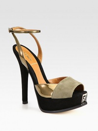 Italian suede pairs with metallic leather in this platform design, with a signature logo detail and adjustable ankle strap. Suede-covered heel, 5¼ (130mm)Suede-covered platform, 1¼ (30mm)Compares to a 4 heel (100mm)Suede and metallic leather upperAdjustable ankle strapLeather lining and solePadded insoleMade in Italy Italian suede pairs with metallic leather in this platform design, with a signature logo detail and adjustable ankle strap. Suede-covered heel, 5¼ (130mm)Suede-covered platform, 1¼ (30mm)Compares to a 4 heel (100mm)Suede and metallic leather upperAdjustable ankle strapLeather lining and solePadded insoleMade in Italy