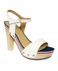Athletic and girly: the best of both worlds! Embrace this season's sporty chic trend in the studded Chicago Sport wooden platform sandals by Tommy Hilfiger. Athletic and girly: the best of both worlds! Embrace this season's sporty chic trend in the studded Chicago Sport wooden platform sandals by Tommy Hilfiger.