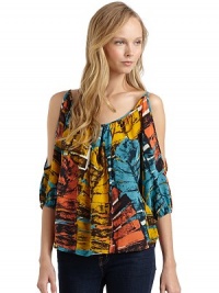 THE LOOKMulticolor leaf printScoopneckCutout shouldersThree-quarter length sleeves with elastic cuffsCurved hemTHE FITAbout 25 from shoulder to hemTHE MATERIALSilkCARE & ORIGINDry cleanMade in USAModel shown is 5'8 (172½cm) wearing US size Small. THE LOOKMulticolor leaf printScoopneckCutout shouldersThree-quarter length sleeves with elastic cuffsCurved hemTHE FITAbout 25 from shoulder to hemTHE MATERIALSilkCARE & ORIGINDry cleanMade in USAModel shown is 5'8 (172½cm) wearing US size Small.