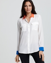 This beyond-cool silk Equipment shirt boasts bold color blocking for of-the-moment chic. Team with jeans or LBPs and take the style through your workday with ease. This beyond-cool silk Equipment shirt boasts bold color blocking for of-the-moment chic. Team with jeans or LBPs and take the style through your workday with ease.