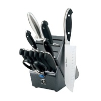Contemporary styling in forged, stainless steel knives with satin finish and riveted handles. Contemporary styling in forged, stainless steel knives with satin finish and riveted handles.