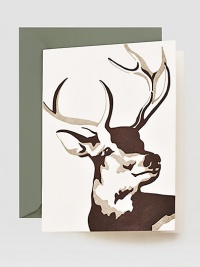 With a modern take on a classic theme, send the majesty of Santa's reindeer to friends and family in the form of this letterpress design of chocolate brown on white.Set of 10 cards4.5 X 5.81Made in USA With a modern take on a classic theme, send the majesty of Santa's reindeer to friends and family in the form of this letterpress design of chocolate brown on white.Set of 10 cards4.5 X 5.81Made in USA