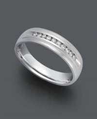 For style to last a lifetime -- this men's wedding band is eternally classic. Crafted in sterling silver, ring features a diamond milgrain (1/4 ct. t.w.) pattern for extra shine. Size 10-1/2. For style to last a lifetime -- this men's wedding band is eternally classic. Crafted in sterling silver, ring features a diamond milgrain (1/4 ct. t.w.) pattern for extra shine. Size 10-1/2.