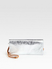 This convenient convertible clutch features an avant-garde metallic painted leather body.Detachable adjustable shoulder strap, 15-17 dropSnap button flap closureTwo credit card slotTwo inside open pocketsFully lined11¼W X 5H X 1DMade in Italy This convenient convertible clutch features an avant-garde metallic painted leather body.Detachable adjustable shoulder strap, 15-17 dropSnap button flap closureTwo credit card slotTwo inside open pocketsFully lined11¼W X 5H X 1DMade in Italy