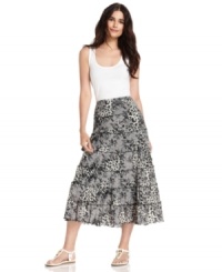 Style&co.'s skirt effortlessly balances elements that are daring and feminine, mixing animal and lace prints on a tiered A-line silhouette. Tuck in a tank and your outfit is complete! Style&co.'s skirt effortlessly balances elements that are daring and feminine, mixing animal and lace prints on a tiered A-line silhouette. Tuck in a tank and your outfit is complete!