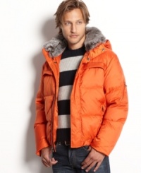 Fashion meets function. Heat up your cold-weather look with this heavyweight down coat with removable hood and fur collar from Marc New York. Fashion meets function. Heat up your cold-weather look with this heavyweight down coat with removable hood and fur collar from Marc New York.