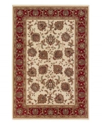 Reminiscent of classic Persian art and culture, this spellbinding rug features a wispy, curvilinear floral pattern in a neutral, burgundy and blue color spectrum. Surrounded by a thin beige border that completes the rug with understated elegance. Easy-care polypropylene ensures durability. Reminiscent of classic Persian art and culture, this spellbinding rug features a wispy, curvilinear floral pattern in a neutral, burgundy and blue color spectrum. Surrounded by a thin beige border that completes the rug with understated elegance. Easy-care polypropylene ensures durability.