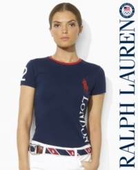 Accented with bold graphics to celebrate the 2012 Olympic Games, a short-sleeved Ralph Lauren crewneck tee is rendered in soft cotton jersey for lightweight comfort and style. Accented with bold graphics to celebrate the 2012 Olympic Games, a short-sleeved Ralph Lauren crewneck tee is rendered in soft cotton jersey for lightweight comfort and style.