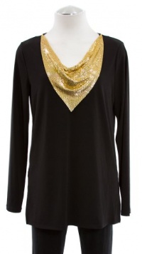 Michael Kors Black Jersey Long Sleeve Shirt Top With Gold Tone Scarf Detailed Neckline