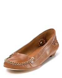 In classic brown or exotic snake-embossed, these Jack Rogers moccasins offer a comfortable yet polished aesthetic. In classic brown or exotic snake-embossed, these Jack Rogers moccasins offer a comfortable yet polished aesthetic.