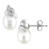 6.5-7mm Freshwater Pearl and Diamond Accent Earrings in 14k White Gold, GHI, I1-I2 6.5-7mm Freshwater Pearl and Diamond Accent Earrings in 14k White Gold, GHI, I1-I2