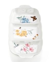 The whimsical butterflies and blooms of Butterfly Meadow dinnerware grace this divided server, an irresistible way to serve casual meals. With scalloped edges in white porcelain. The whimsical butterflies and blooms of Butterfly Meadow dinnerware grace this divided server, an irresistible way to serve casual meals. With scalloped edges in white porcelain.